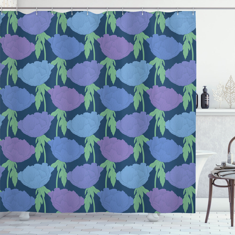 Tree Peony Stem Leaves Shower Curtain in Peony, Night Blue, Lilac, and Green