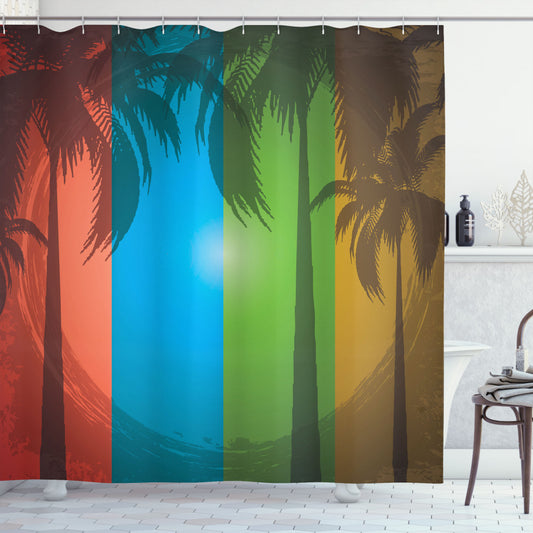 Bohemian Chic Palm Trees Shower Curtain in Grunge Blue and Red