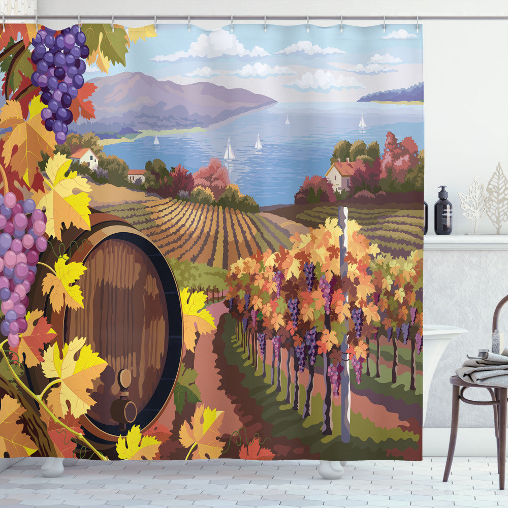 Vibrant Winery Vineyard Grapes Bath Curtain in Yellow and Blue