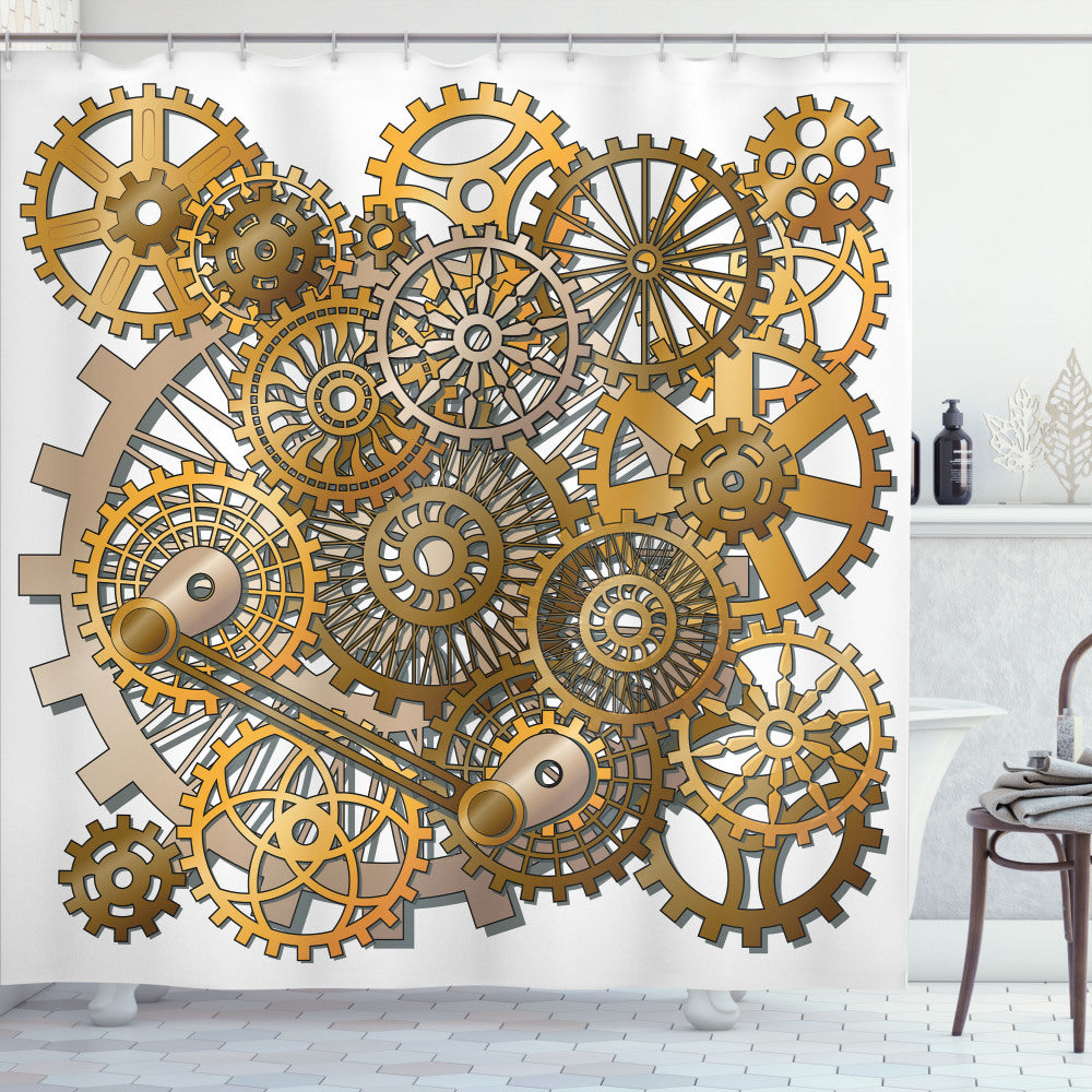 Vintage Steampunk Gears Design Shower Curtain in Clockwork, Pale Orange, and Brown Tones