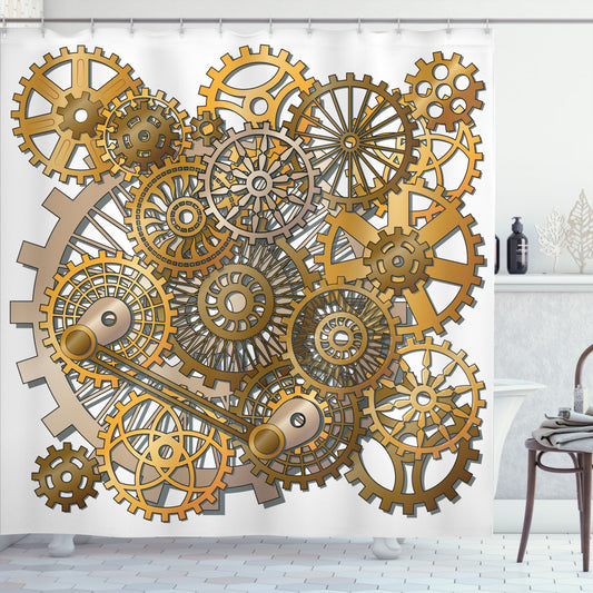 Vintage Steampunk Gears Design Shower Curtain in Clockwork, Pale Orange, and Brown Tones