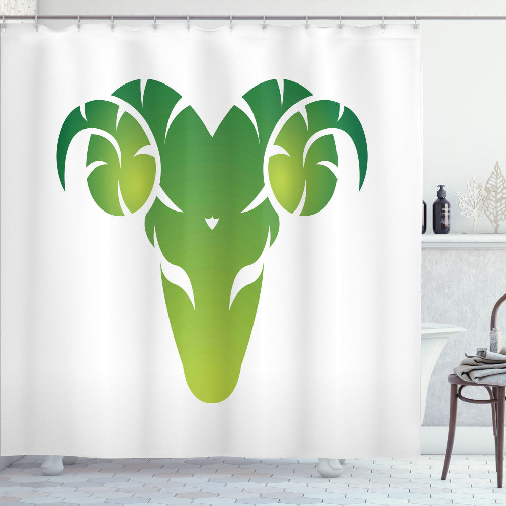 Abstract Ram Green Zodiac Aries Shower Curtain in Pale Green, Fern Green, and White Color Scheme