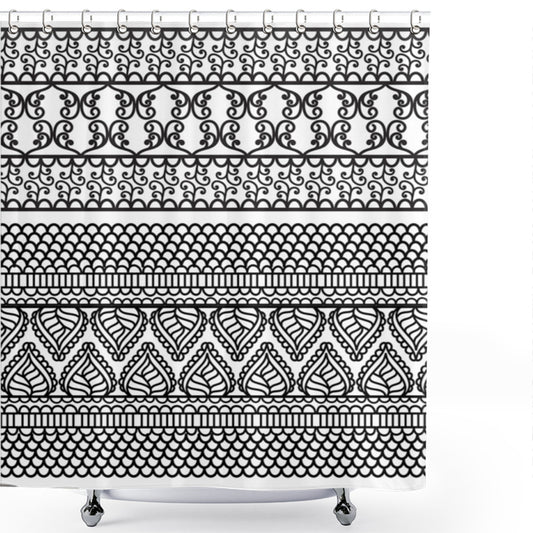 Border East Detailed Folk Design in White and Black Shower Curtain