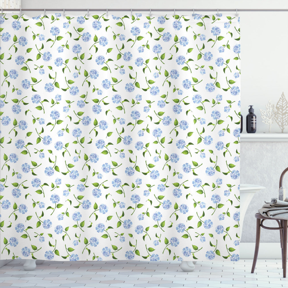 Watercolor Blue Hydrangea Floral Design Shower Curtain in Ceil Blue, Green, and White