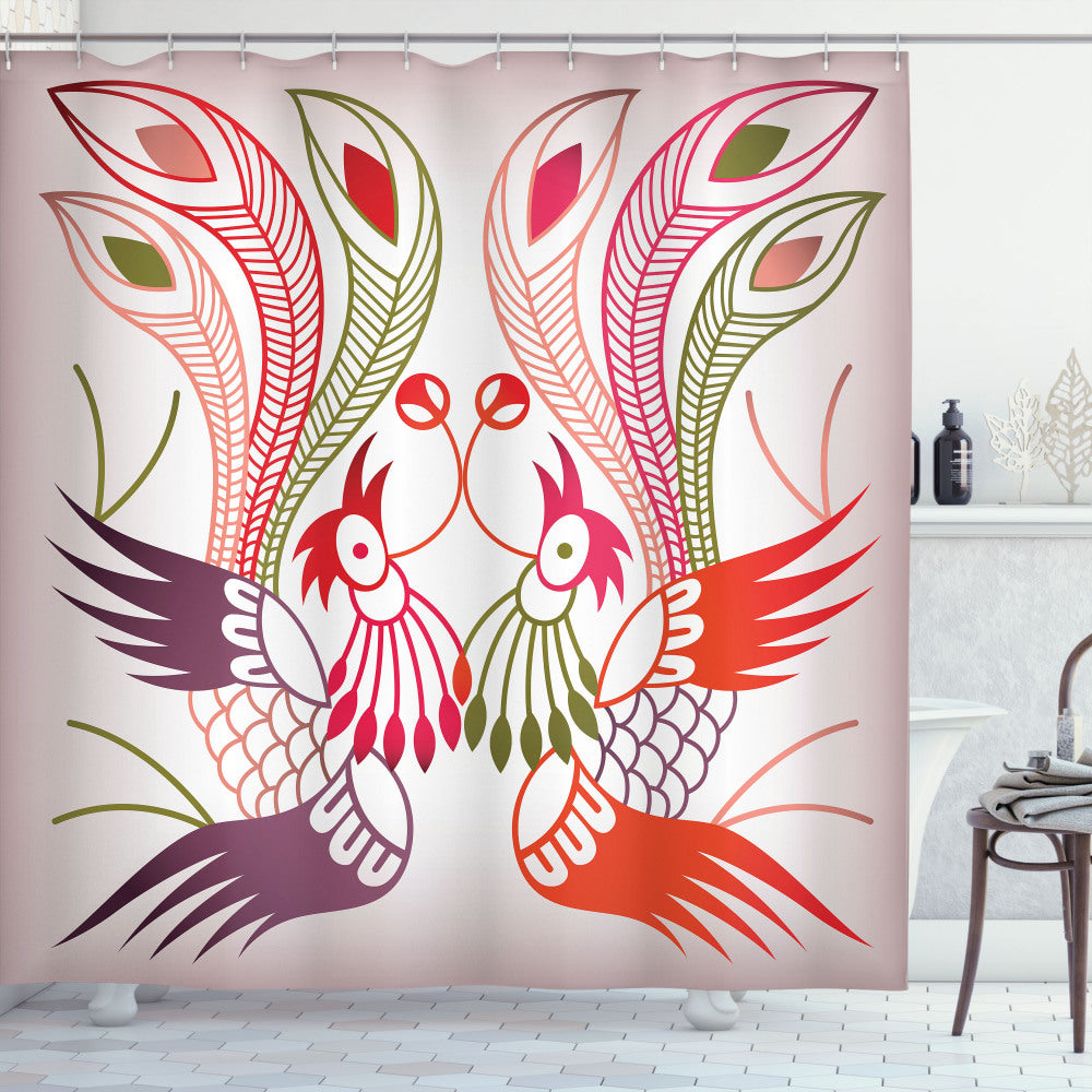 Chinese Traditional Phoenix Inspired Bath Curtain in Olive Green, Eggplant, and Scarlet Color Palette