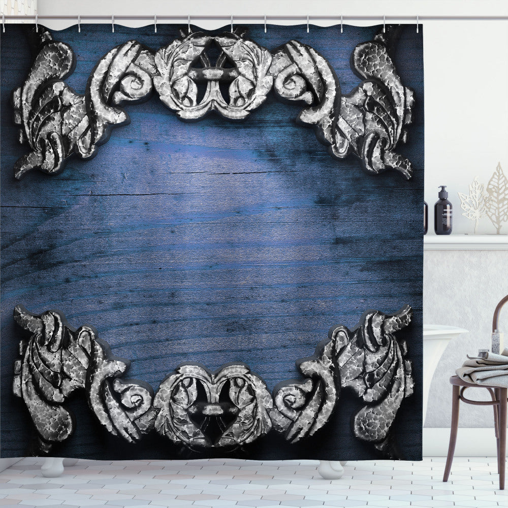 Victorian Gothic Iron Ornament Dark Blue and Grey Shower Curtain