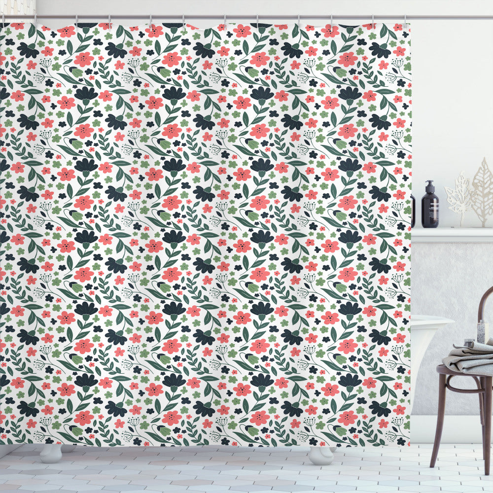 Vibrant Abstract Botanical Fusion with Spring-Inspired Colors: Reseda Green, Dark Green, and Coral Shower Curtain