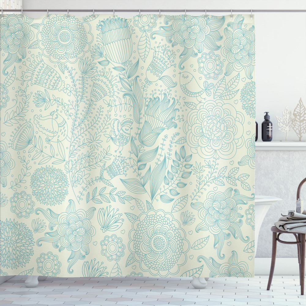 Vintage-Inspired Antique Flowers Shower Curtain in Blue and Pale Green