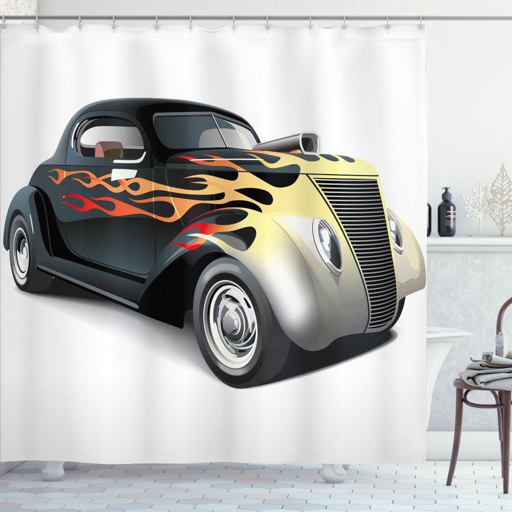 Vintage Inspired Grey, Orange, Black, and Red Retro 40s Drag Car Shower Curtain