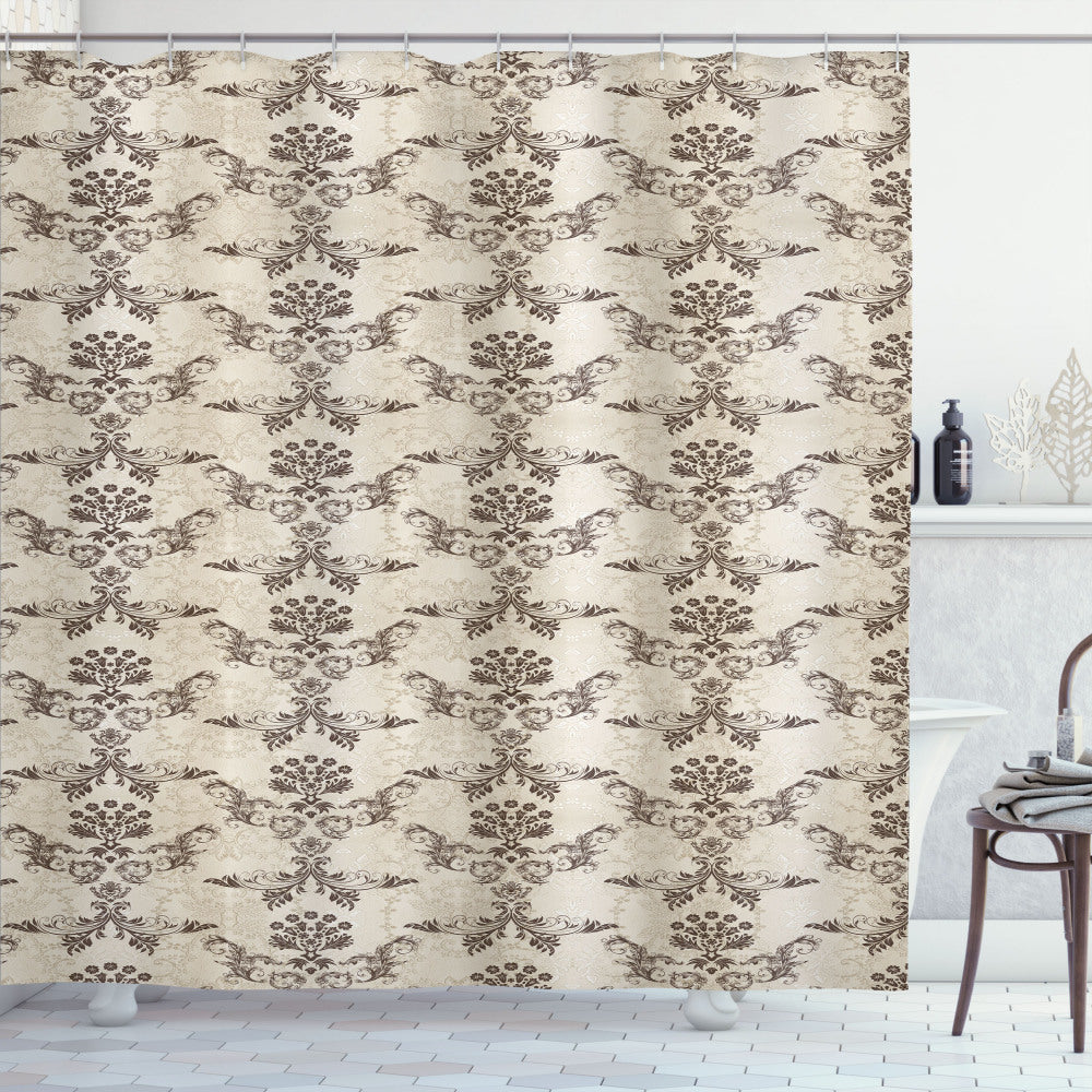 Victorian Inspired Taupe and Tan Damask Shower Curtain Art