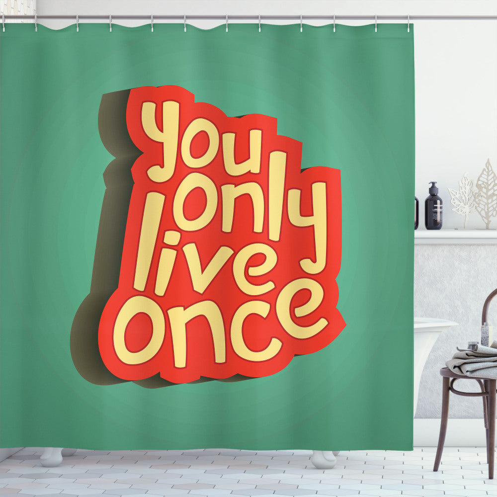 YOLO-themed Retro Inspirational Shower Curtain in Pale Yellow, Seafoam, and Orange