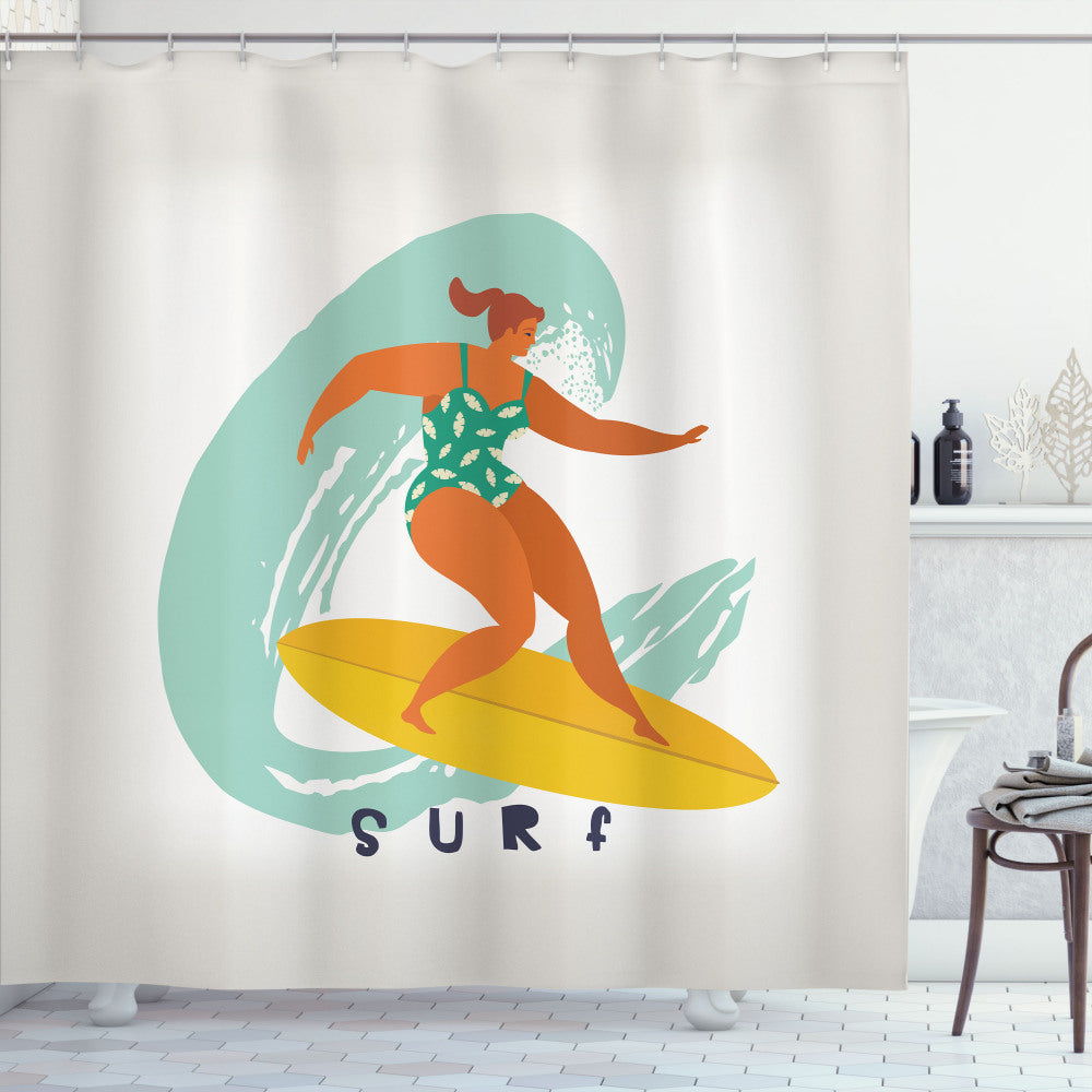 Woman Surfer Riding Almond Green Waves: A Coconut Splash of Earth Yellow and Burnt Orange Art Shower Curtain