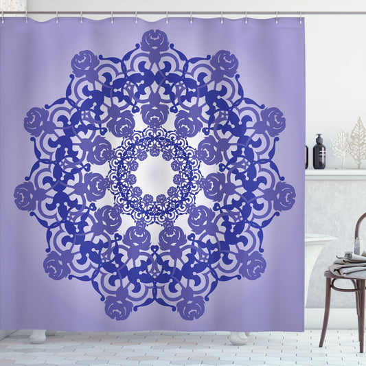 Vintage Lacework Bath Curtain Collection in Shades of Purple Mandala, Lavender Blue, Ceil Blue, and Dark Blue