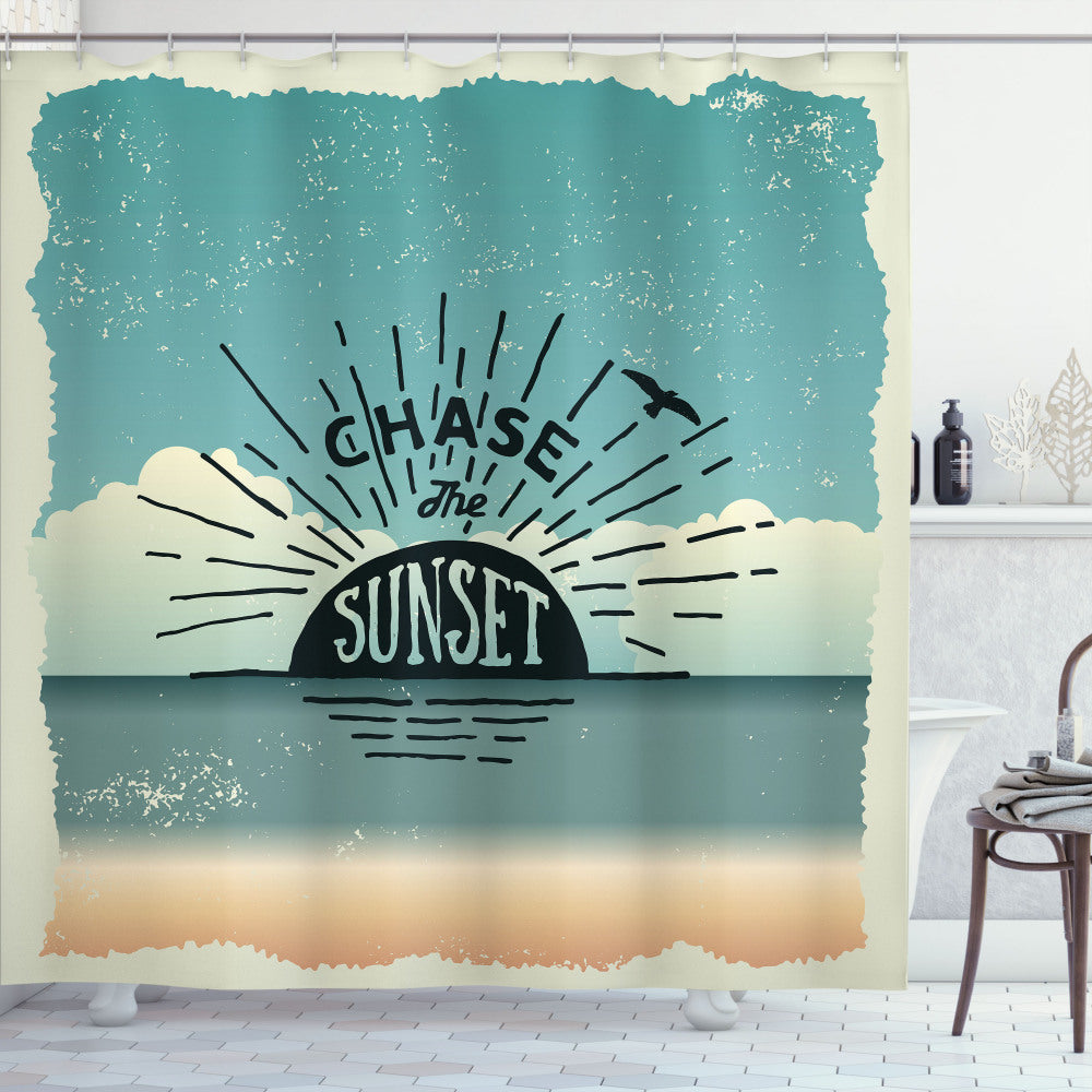 Chasing the Sunset: Typographic Multicolor Quote Shower Curtain