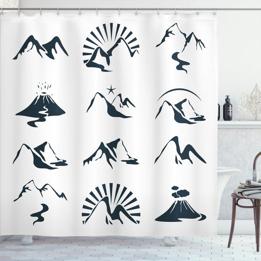 Blue and White Mountain-themed Shower Curtain Design