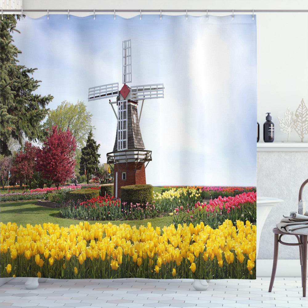 Tranquil Garden Tulips Peak Through Windmill Pattern Shower Curtain