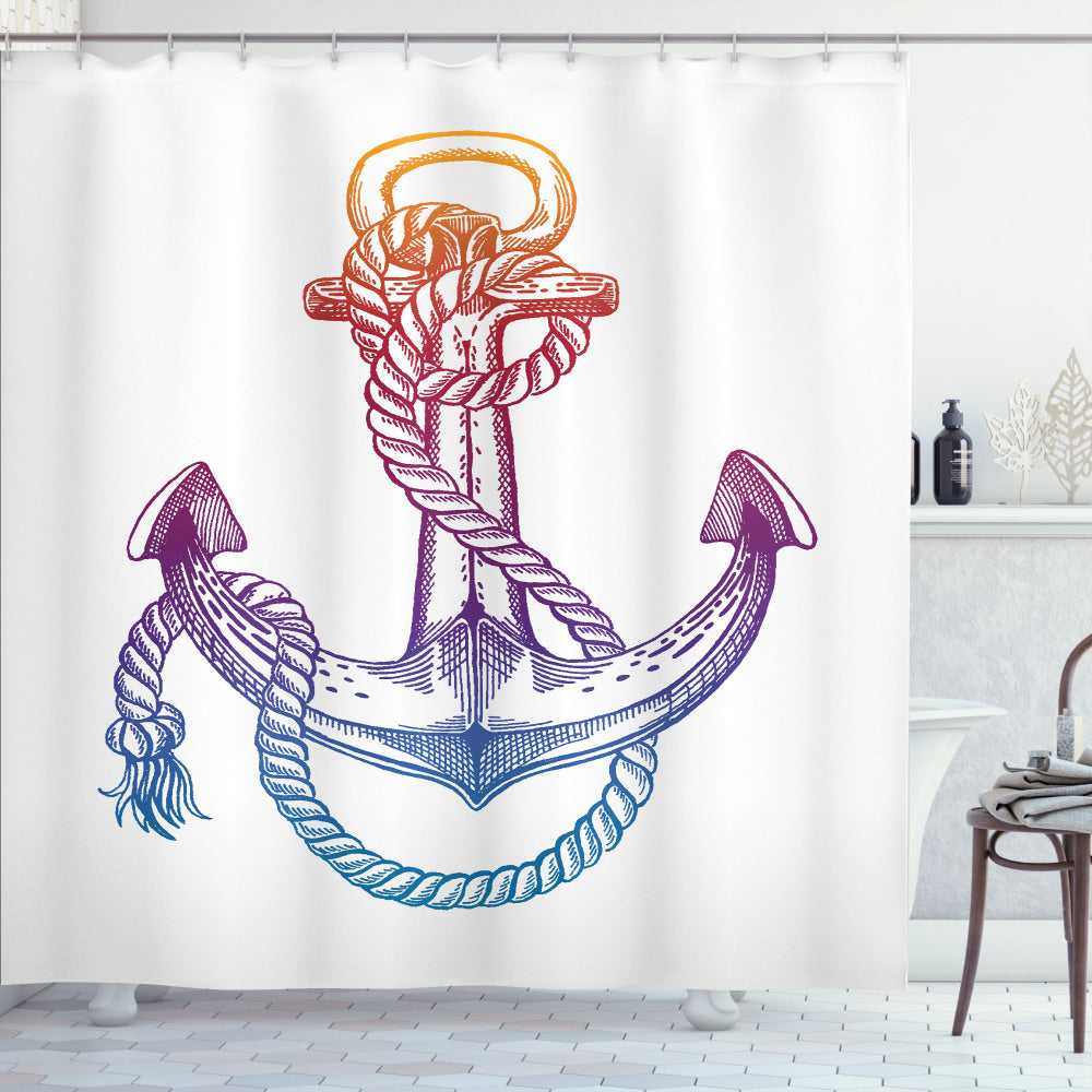 Vintage Nautical Tattoo Ombre Anchor Rope Shower Curtain in Apricot, Burnt Orange, Purple, and Dark Violet