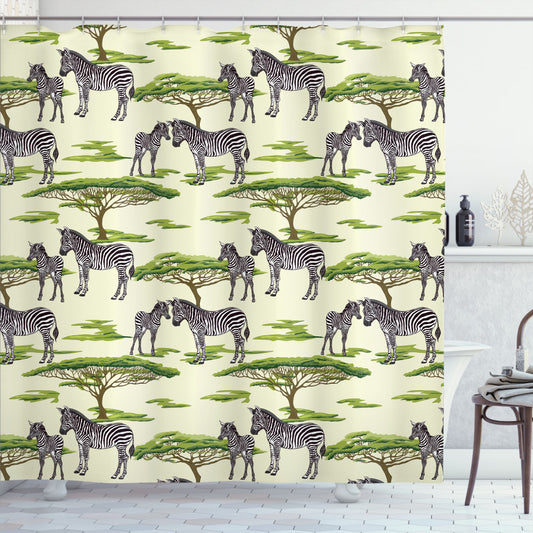 Wildlife Inspired Forest Shower Curtain with Zebra Design in Pale Olive Green, Green Brown, Charcoal Grey, and Cream