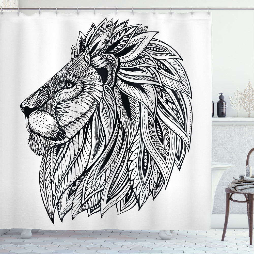 Wild Safari Animal Inspired Lion Print Shower Curtain in White and Black