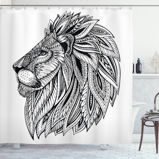 Wild Safari Animal Inspired Lion Print Shower Curtain in White and Black