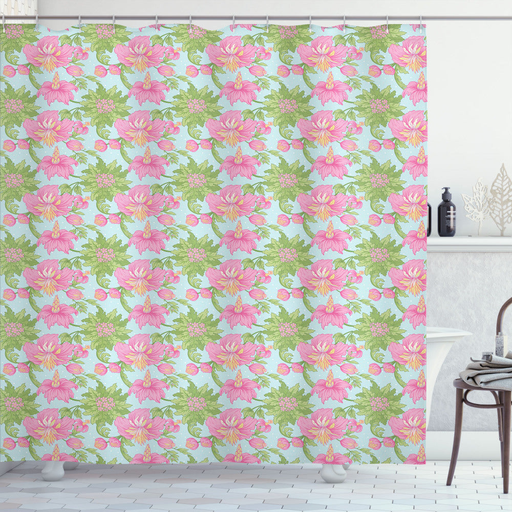 Tropical Hibiscus Blossom Shower Curtain in Floral Fern Green, Baby Pink, and Pale Blue