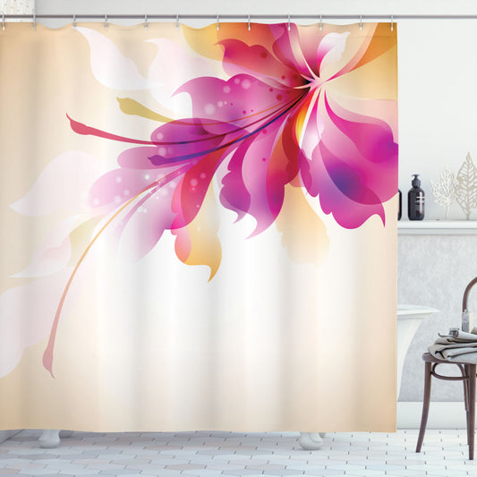 Abstract Floral Point and Leaf Design Shower Curtain in Purple, Beige, and Pink