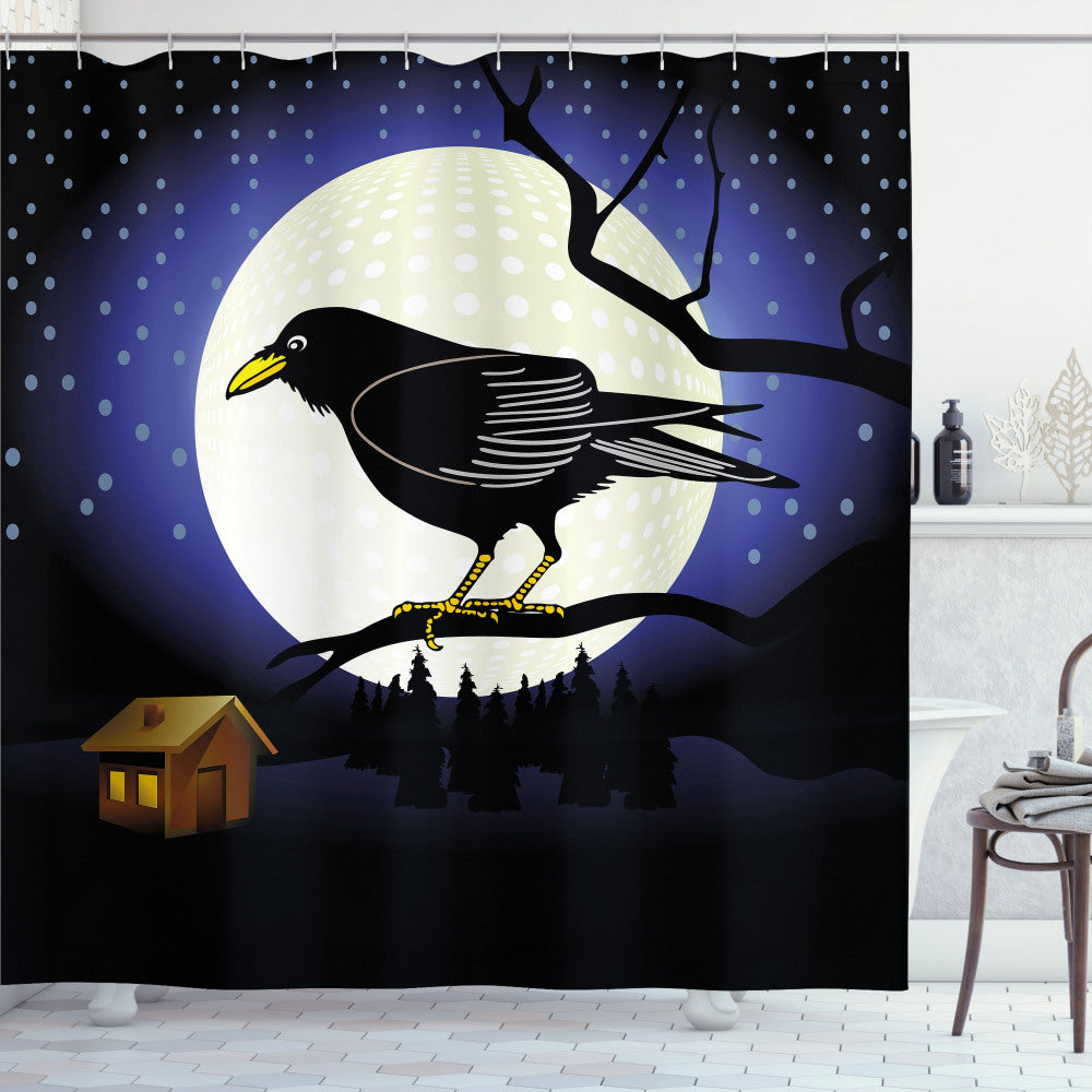 Black Crow Multicolor Full Moon Night Bird Shower Curtain