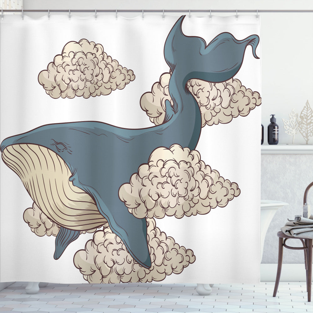 Whale-inspired Sky and Clouds Design Shower Curtain in Slate Blue and Beige