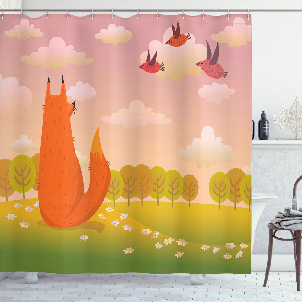 Cartoon Fox Wildlife Shower Curtain in Orange, Lilac, and Green