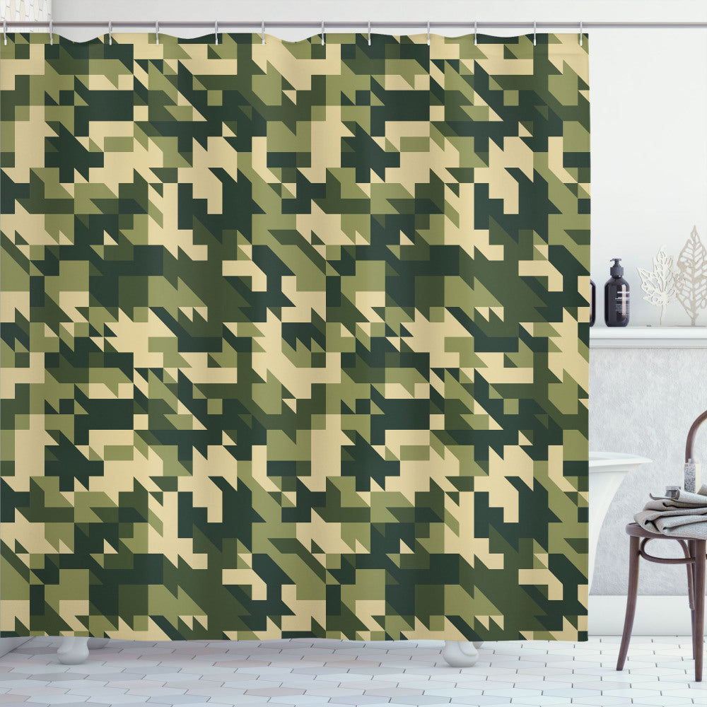 Abstract Camo Chevron Forest Shower Curtain in Hues of Pale Green, Dark Green, and Army Green