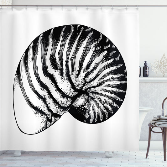 Vintage Sea Shell Nautical Tattoo Bath Curtain in Charcoal Grey and White