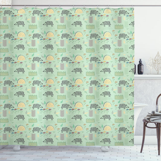 Childlike, Mint Green, Grey, and Peach Hedgehog Forest Herbs Art Shower Curtain