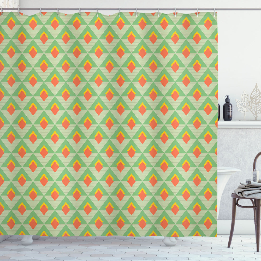 Abstract Vivid Rhombus Pattern Lines in Pale Green, Orange, and Mustard - Shower Curtain