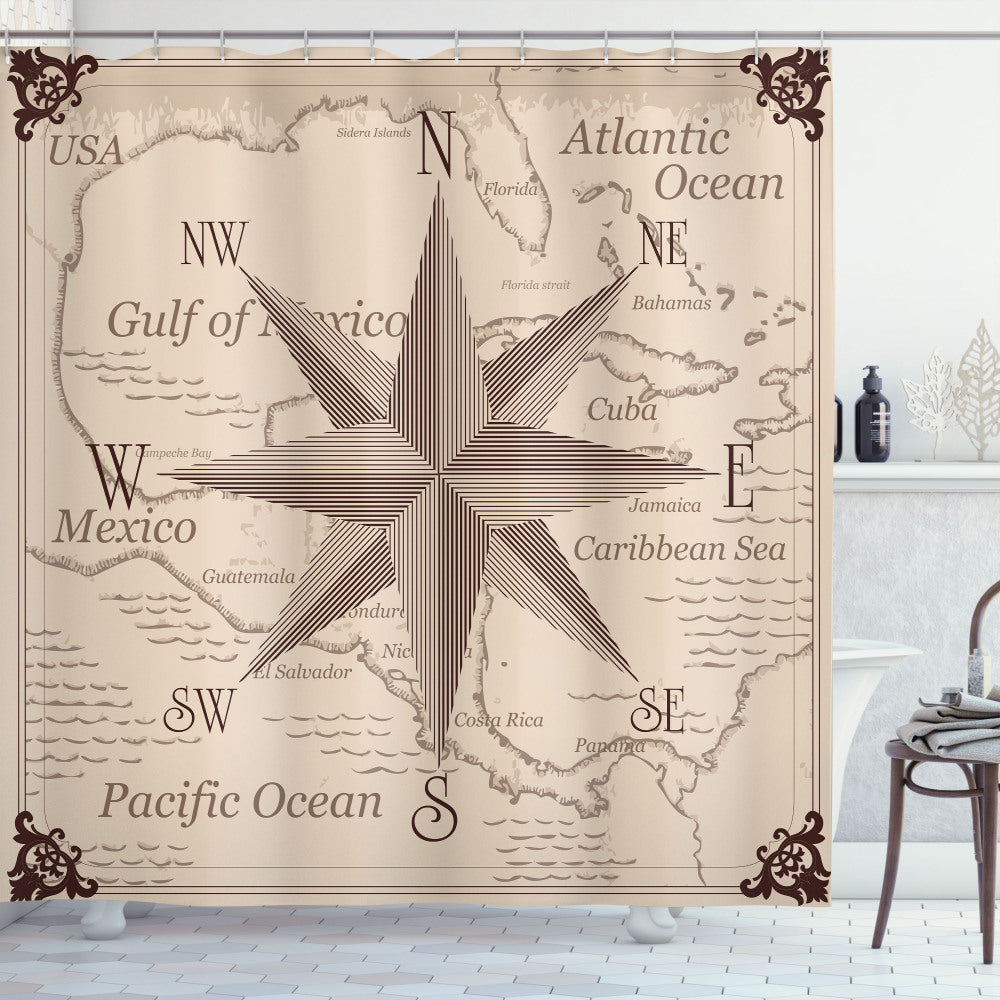 Central America Map Shower Curtain Featuring Compass, Lilac, and Plum Design