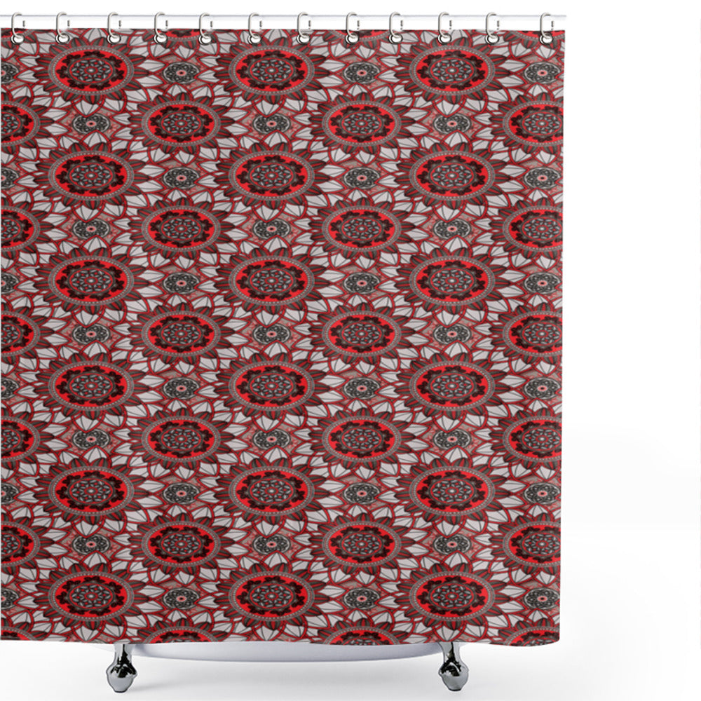 Turkish-inspired Mandala Design Bath Curtain in Vermilion, Grey, and Ruby