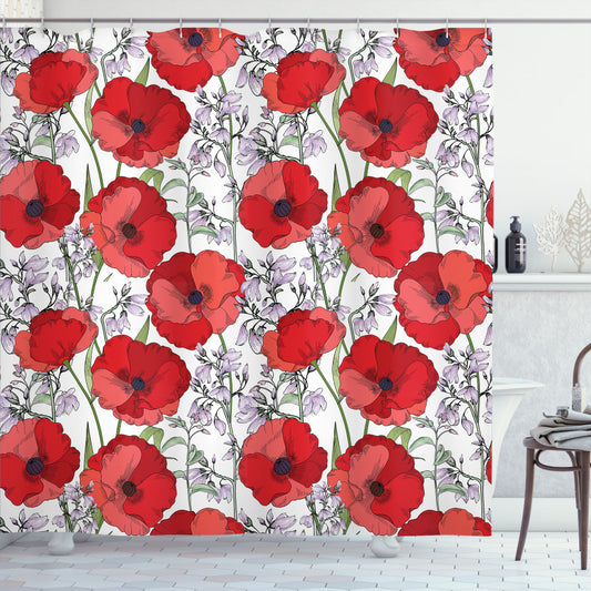 Vibrant Countryside Garden Bath Curtain Featuring Peonies, Vermilion, Lilacs, and Greens