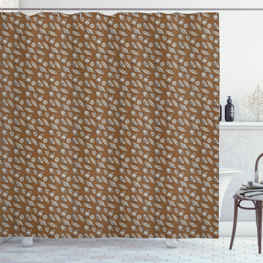 Cocoa Beans Leaves Bath Curtain - Earth Tones in Dark Brown, Brown, and Ivory