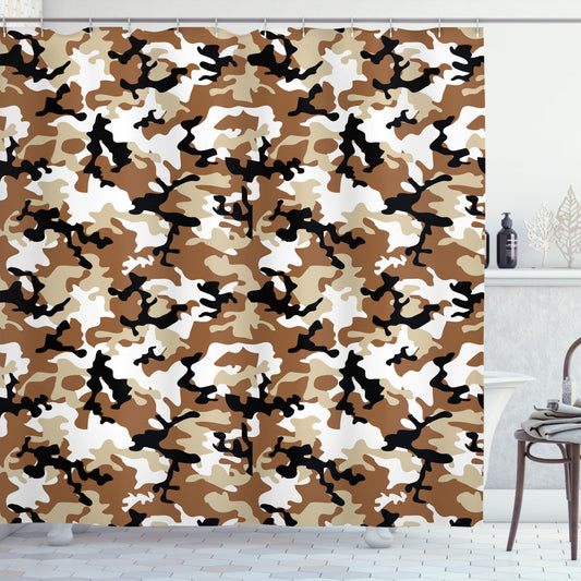 Camo Style Shower Curtain in Camouflage, Pale Caramel, Black, and Tan Shades