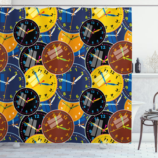 Yellow and Black Clock Faces Pattern Shower Curtain