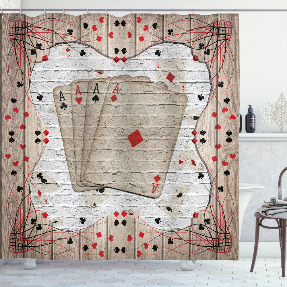 Vibrant Casino-themed Shower Curtain featuring Lucky Gambling Cards Art in Vermilion, Charcoal Grey, and Beige