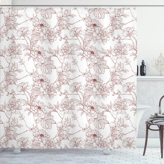 Vintage Rustic Peonies: Burgundy and White Floral Shower Curtain