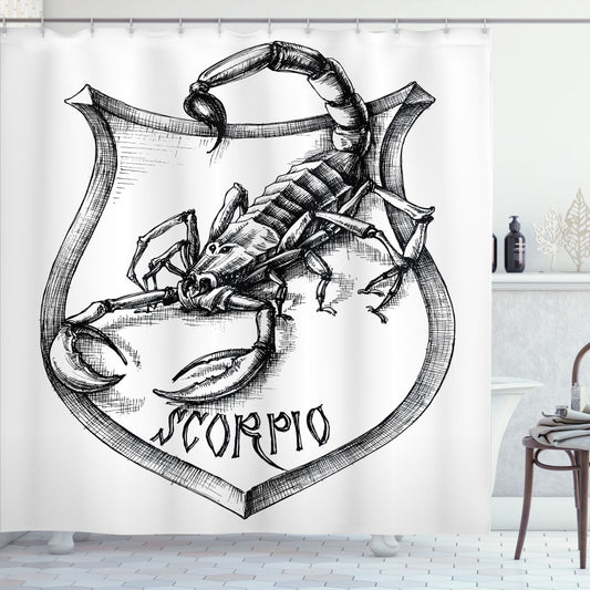 Astrology-inspired Black and White Scorpio Shower Curtain