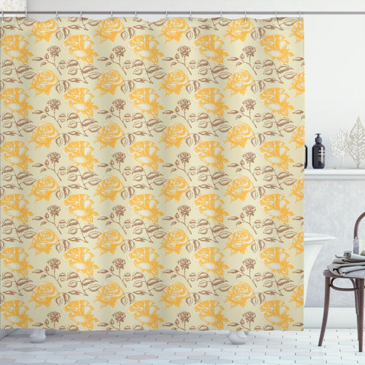 Vintage Floral Love Flower Theme Shower Curtain in Yellow, Beige, and Brown