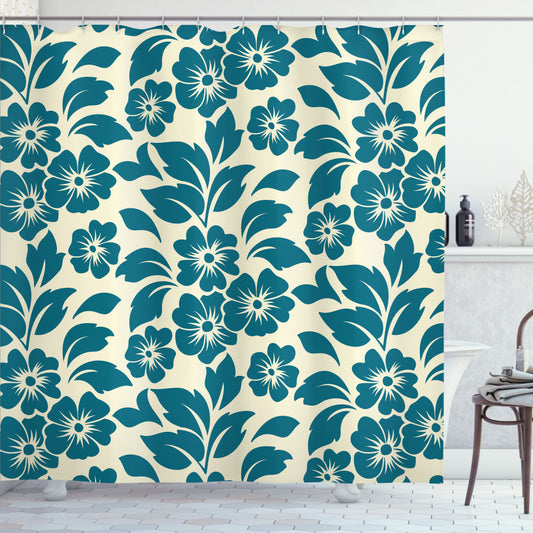 Blooming Floral Cream and Teal Shower Curtain for Spring