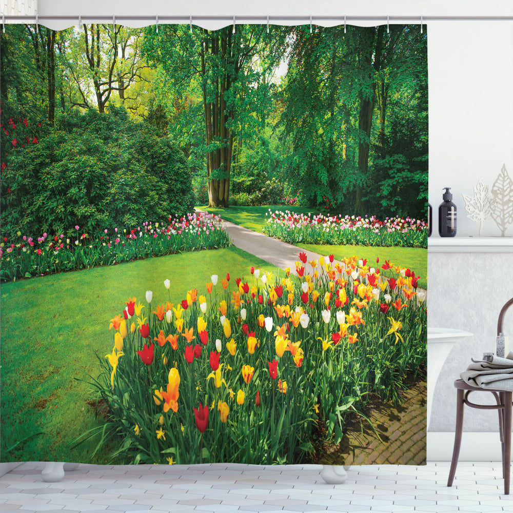 Tulip Tree Garden-themed Shower Curtain in Green and Red Color Palette