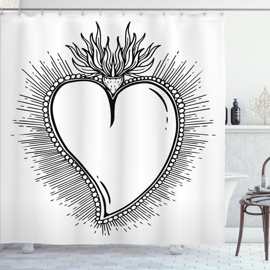 Alchemy Heart with Rays Design Shower Curtain in Charcoal Grey and White