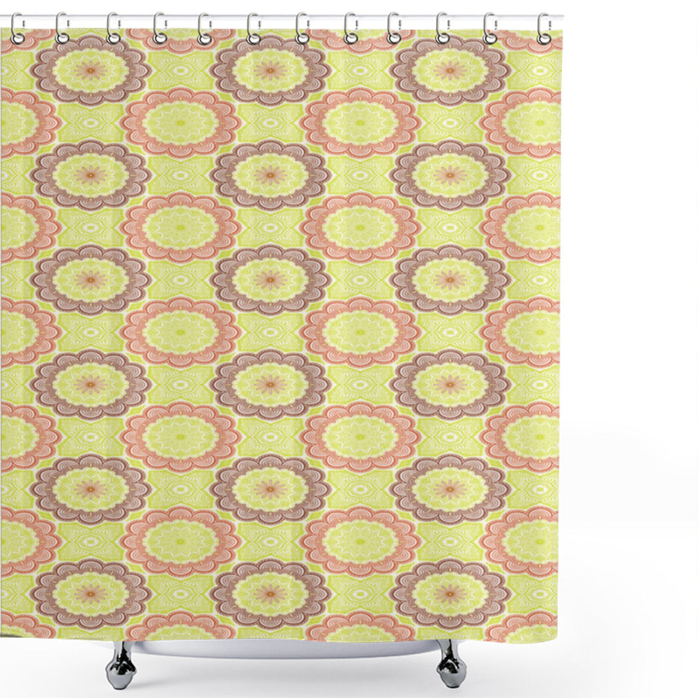 Vibrant Heart Motif Mandala Shower Curtain in Yellow, Green, Orange, and Brown