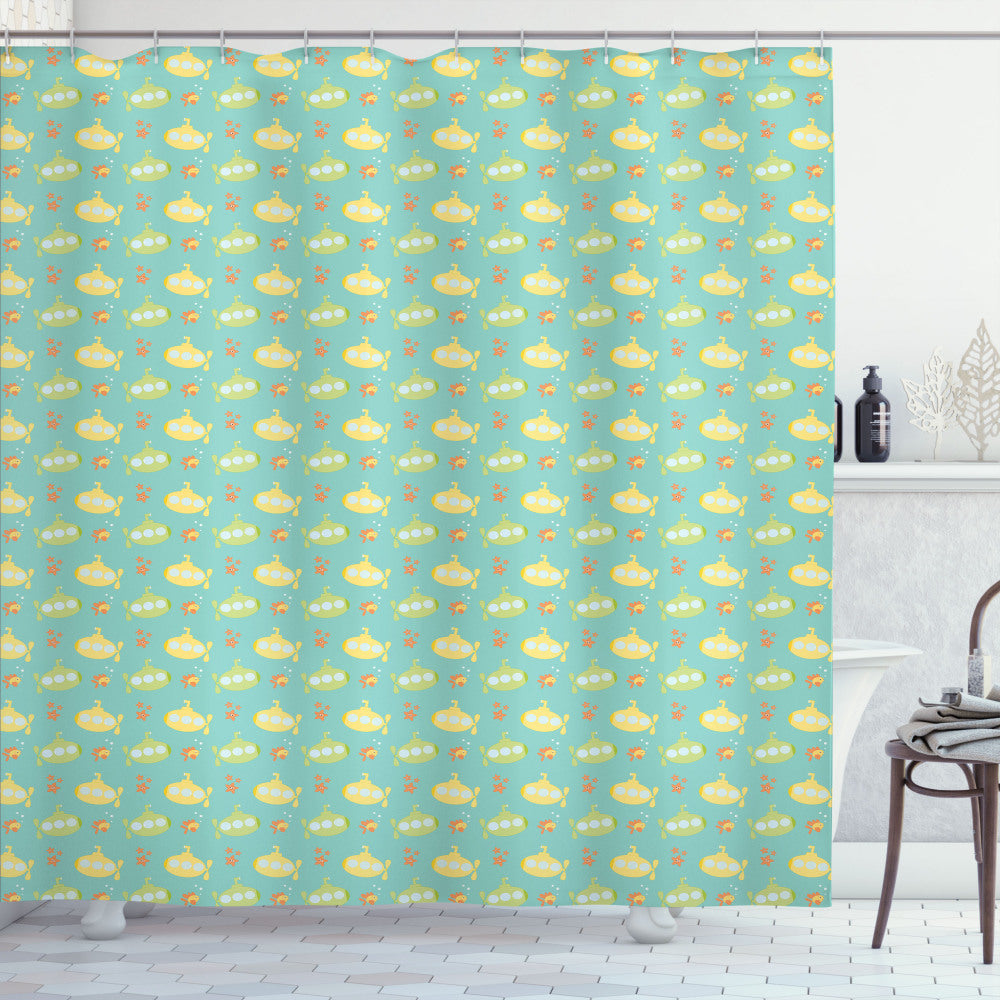 Yellow Submarine Undersea Fish and Starfish Bath Curtain in Seafoam, Dark Peach, Avocado Green, and Pale Yellow