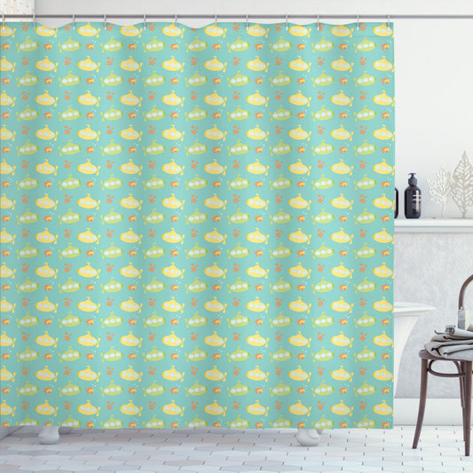 Yellow Submarine Undersea Fish and Starfish Bath Curtain in Seafoam, Dark Peach, Avocado Green, and Pale Yellow