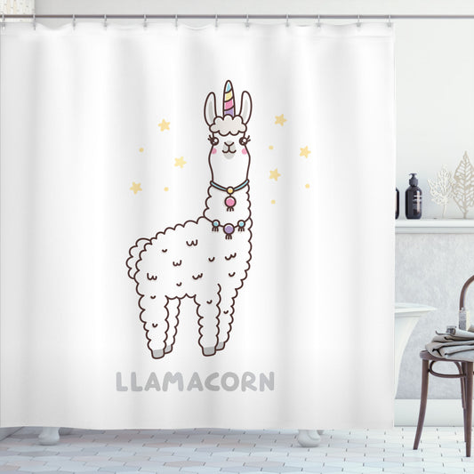 Whimsical Cartoon Style Typography Design for Llamacorn Themed White and Multicolor Shower Curtain